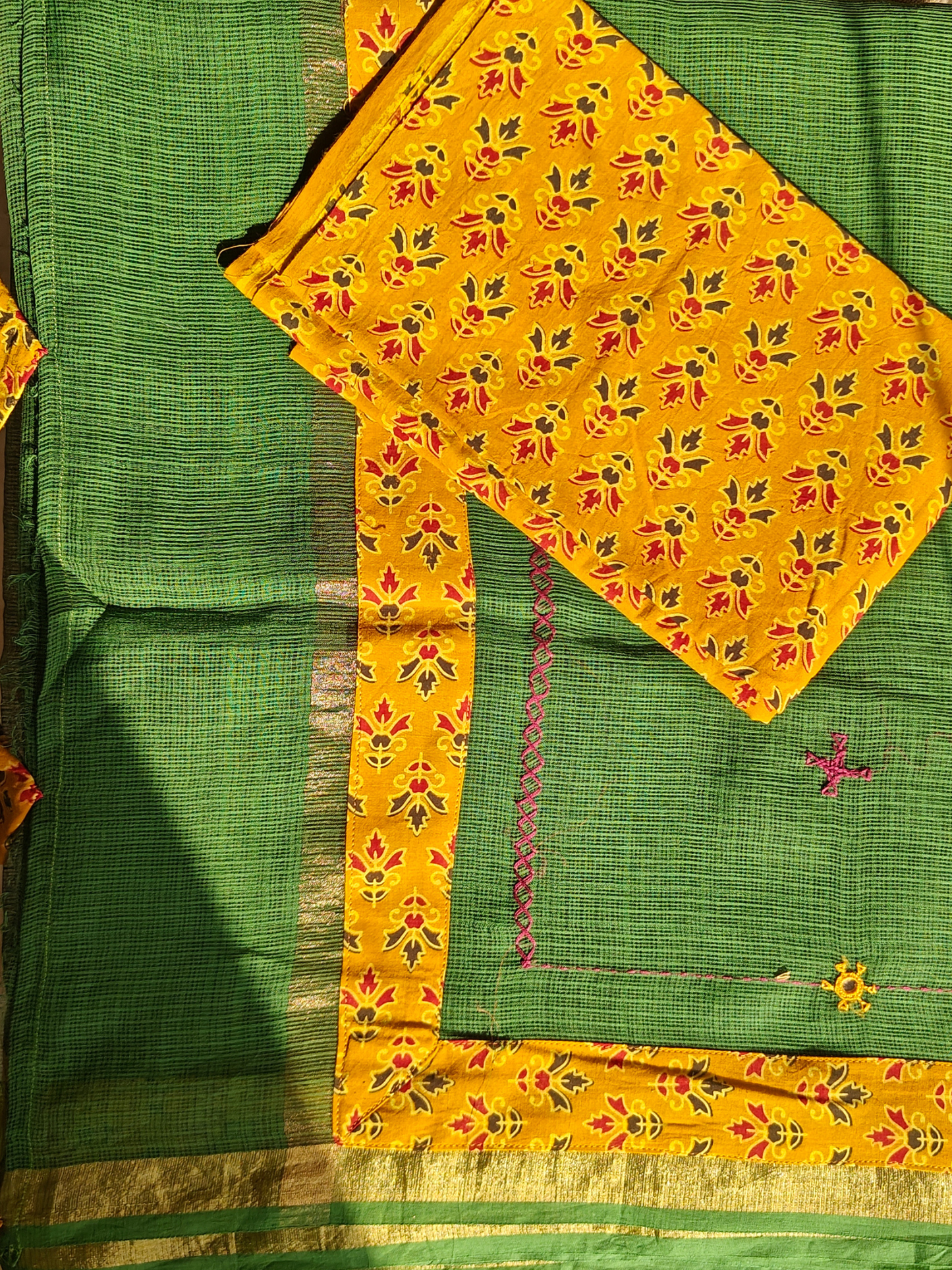 Green Kota Patchwork Hand Embroidered Saree
