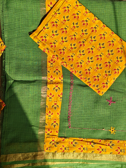 Green Kota Patchwork Hand Embroidered Saree