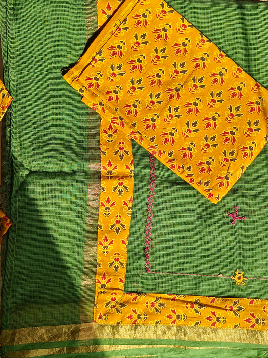 Green Kota Patchwork Hand Embroidered Saree