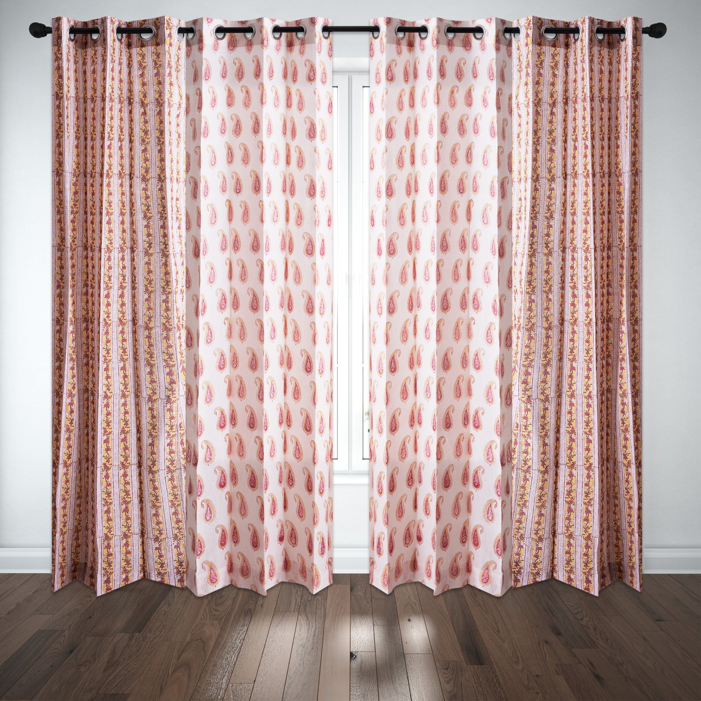 Pink Pattern Jaal with Pink Paisley Cotton Handblock Combo (Set of 4 Curtains)