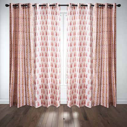 Pink Pattern Jaal with Pink Paisley Cotton Handblock Combo (Set of 4 Curtains)