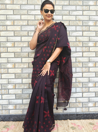 Coffee-Maroon Dabu Handblock Print Chanderi Saree