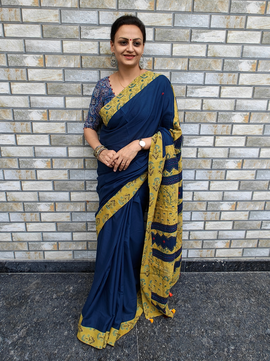 Blue Mull Ajrakh Handcrafted Saree