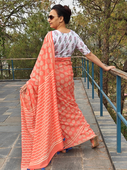 Peach Coral Handblock Printed Mull Cotton Saree