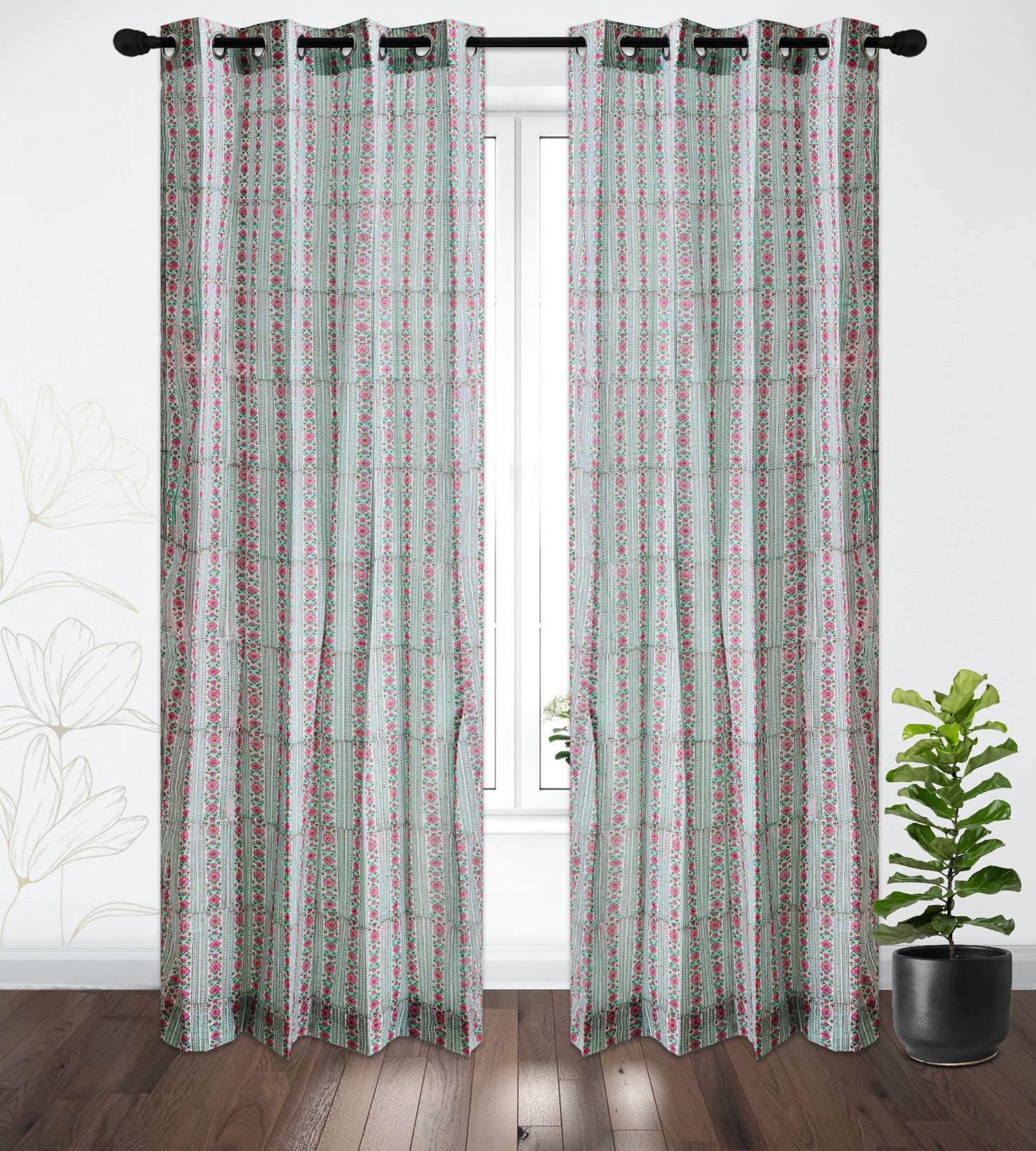 Seagreen and Pink Pattern Jaal Cotton Handblock Curtain (Pair of 2 Curtains)
