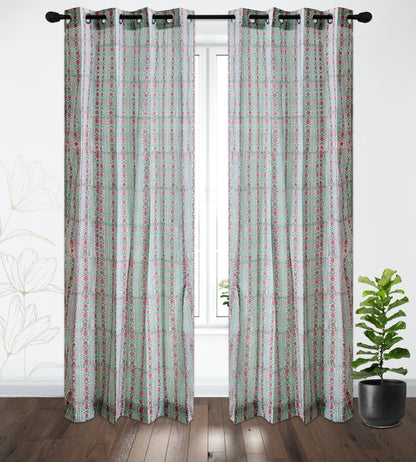 Seagreen and Pink Pattern Jaal Cotton Handblock Curtain (Pair of 2 Curtains)
