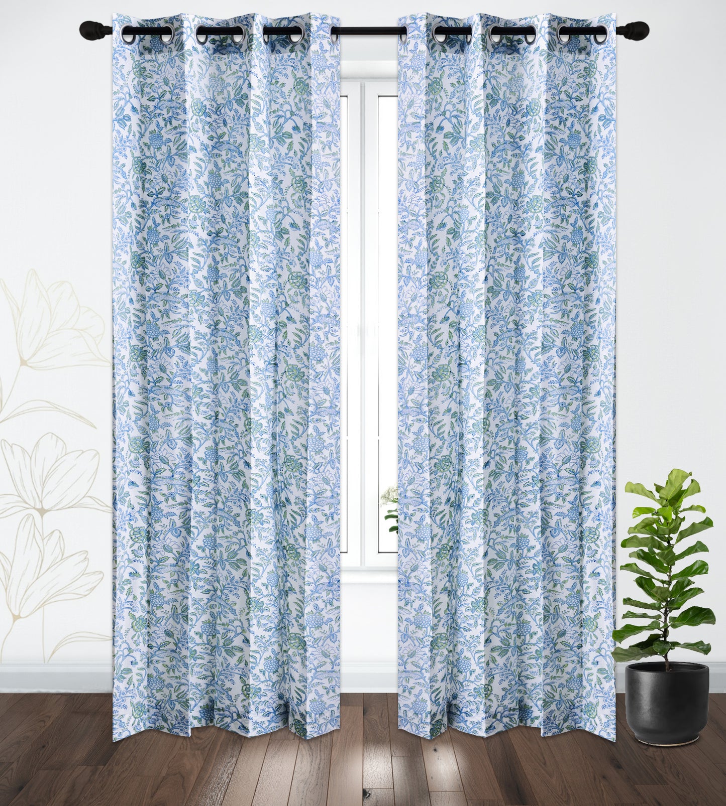 Skyblue and Seagreen Jaal Cotton Handblock Curtain (Pair of 2 Curtains)