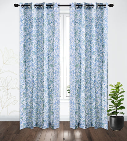 Skyblue and Seagreen Jaal Cotton Handblock Curtain (Pair of 2 Curtains)
