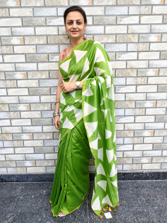 Green Shibori Clamp Dyed Handcrafted Saree