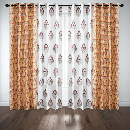 Mustard and Maroon Booti Jaal with Mustard and Maroon Bajra Cotton Handblock Combo (Set of 4 Curtains)