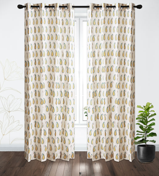 Yellow Paisley Cotton Handblock Curtain (Pair of 2 Curtains)