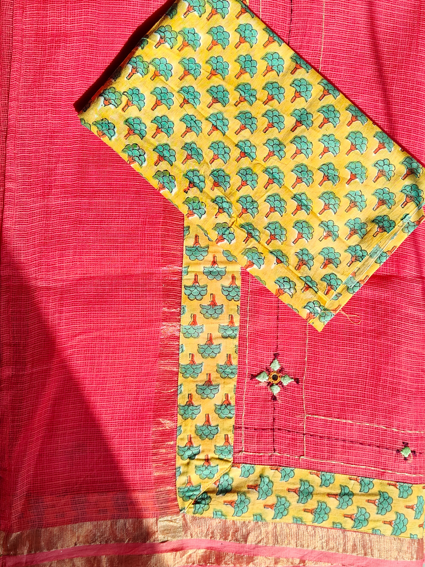 Peach Kota Patchwork Hand Embroidered Saree