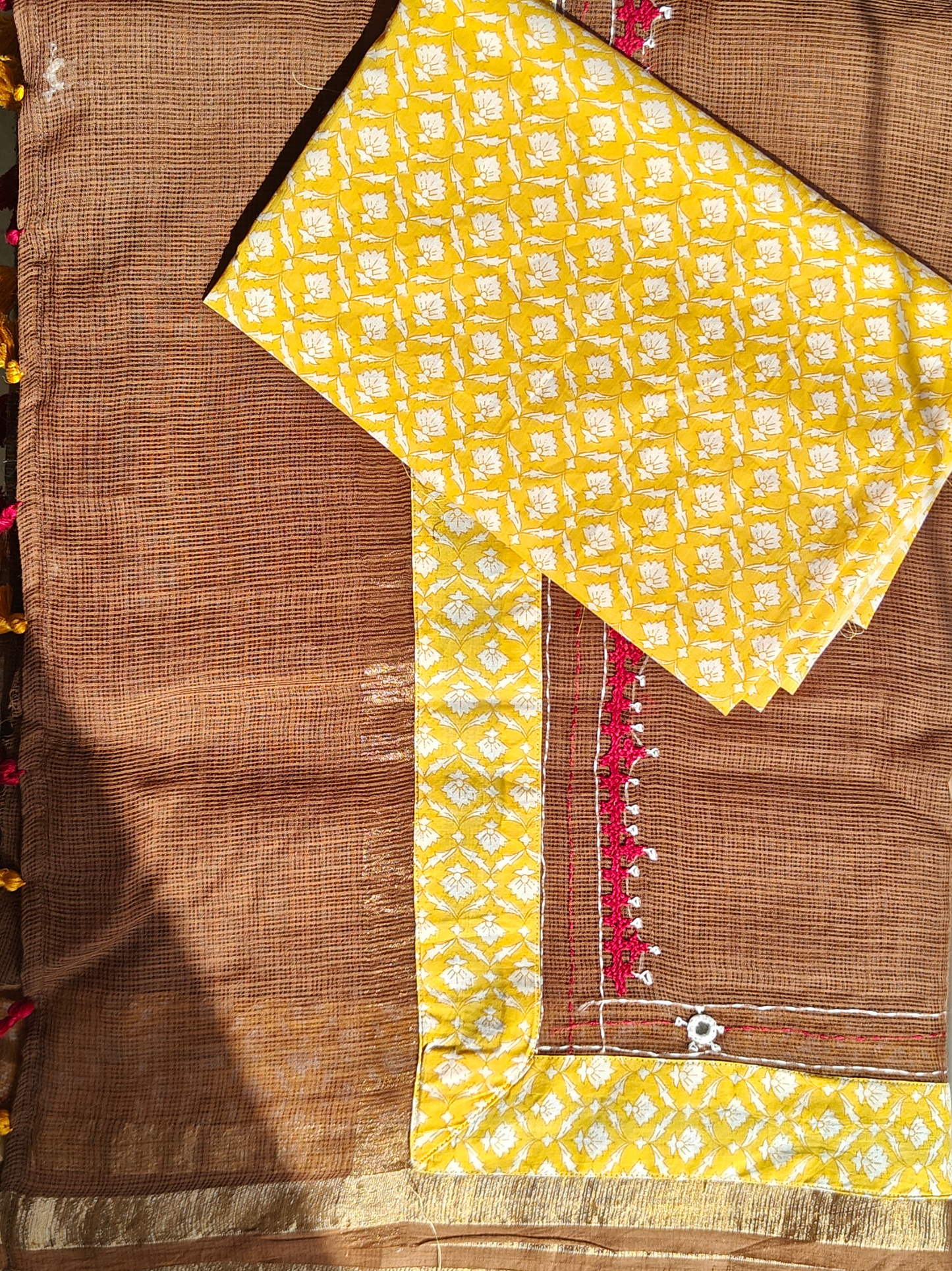 Brown Kota Patchwork Hand Embroidered Saree