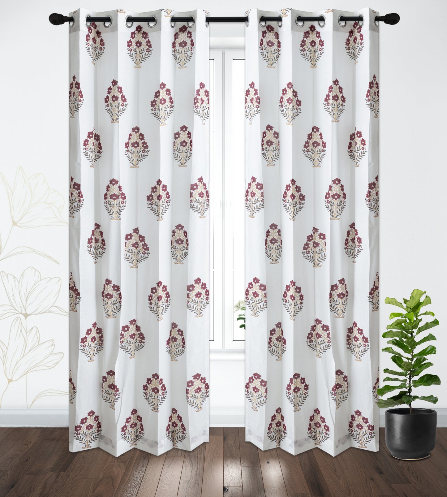 Maroon and Mustard Bajra Cotton Handblock Curtain (Pair of 2 Curtains)