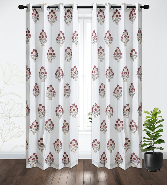 Maroon and Mustard Bajra Cotton Handblock Curtain (Pair of 2 Curtains)