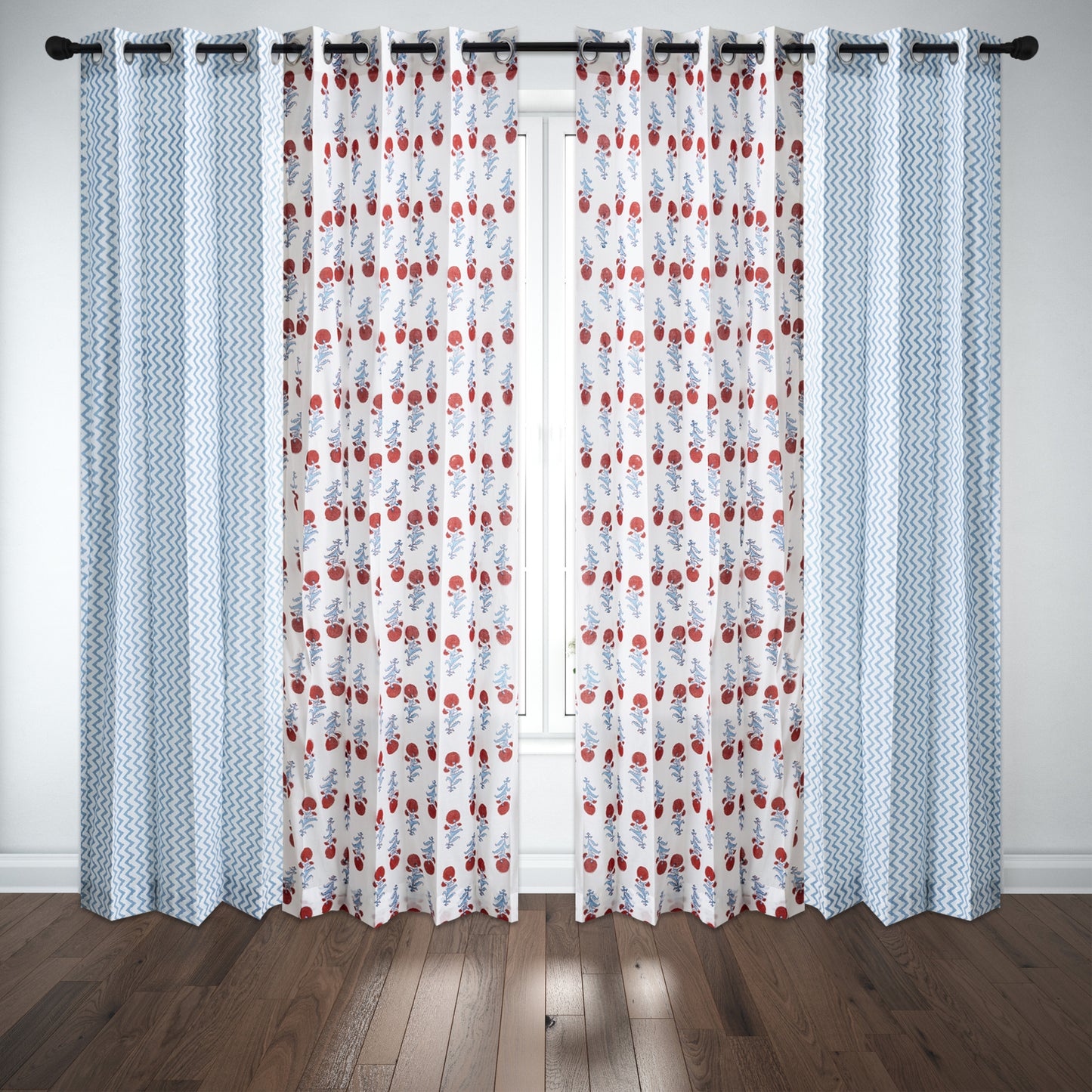 Sky Blue Zigzag with Red and Skyblue Booti Cotton Handblock Combo (Set of 4 Curtains)