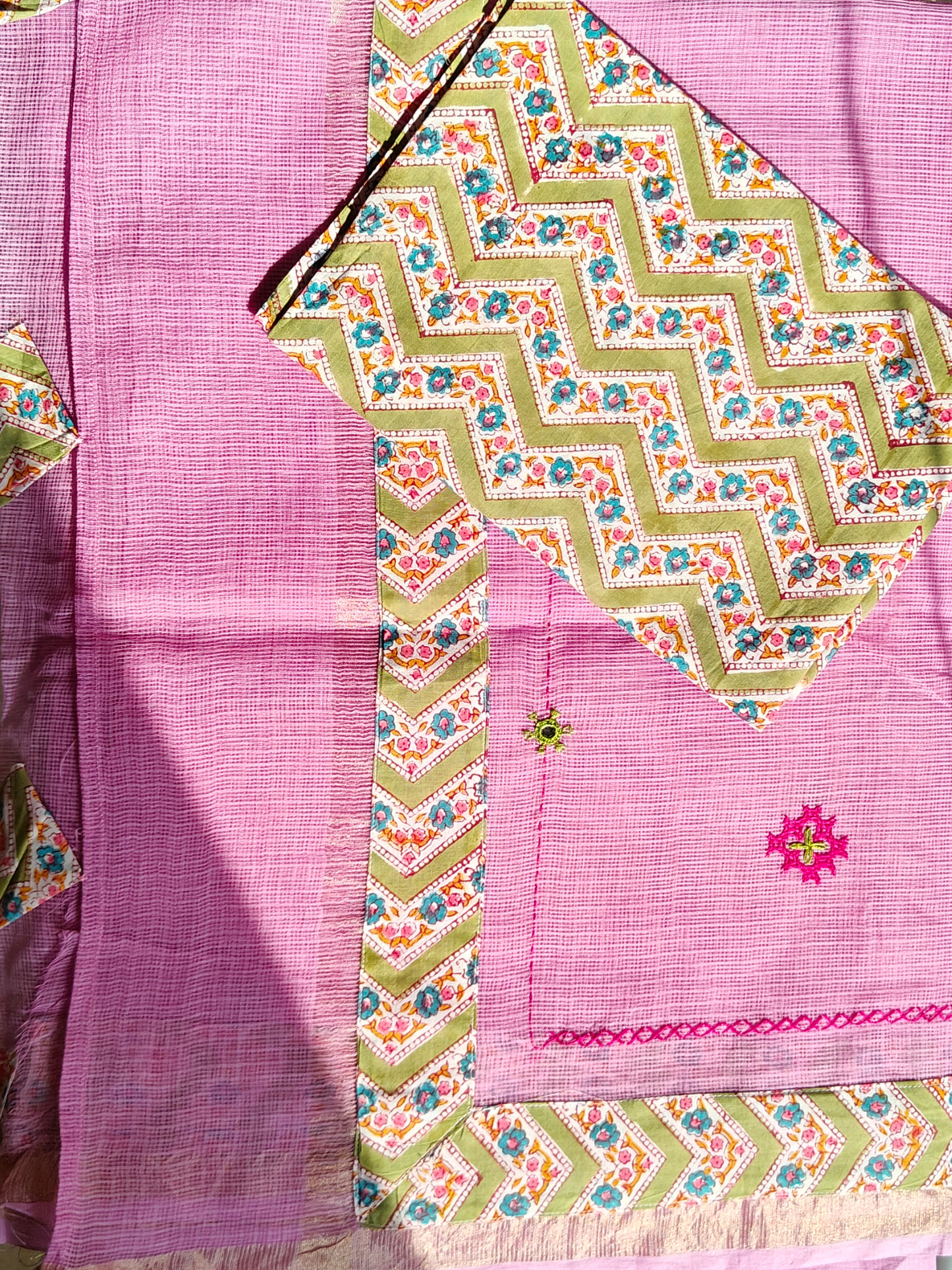 Pink Kota Patchwork Hand Embroidered Saree