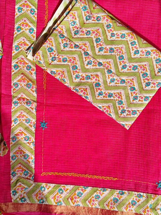 Rani Pink Kota Patchwork Hand Embroidered Saree