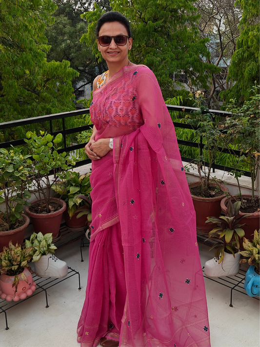 Rani Pink Kota Hand Embroidered Saree
