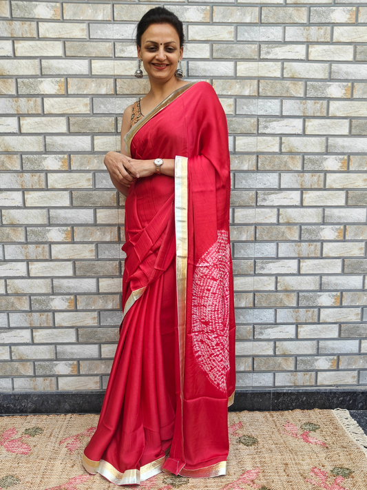 Tomato Red Shibori Pallu Modal Silk Cocktail Saree