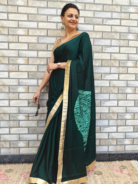 Bottle Green Shibori Pallu Modal Silk Cocktail Saree