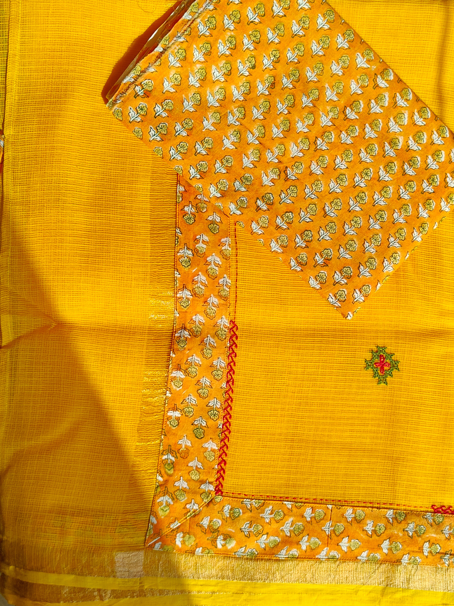 Yellow Kota Patchwork Hand Embroidered Saree