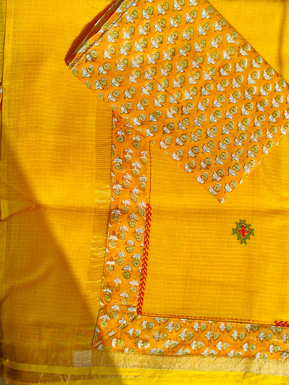 Yellow Kota Patchwork Hand Embroidered Saree