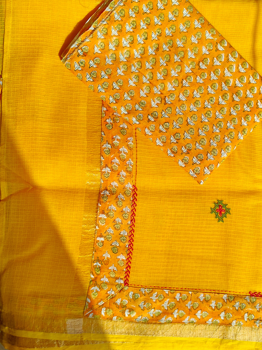 Yellow Kota Patchwork Hand Embroidered Saree