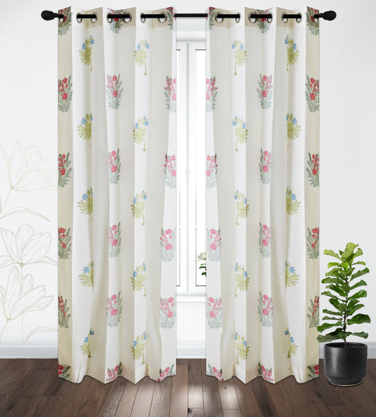 Morning Meadow Boota Cotton Handblock Curtain (Pair of 2 Curtains)