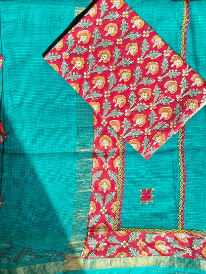 Blue Kota Patchwork Hand Embroidered Saree