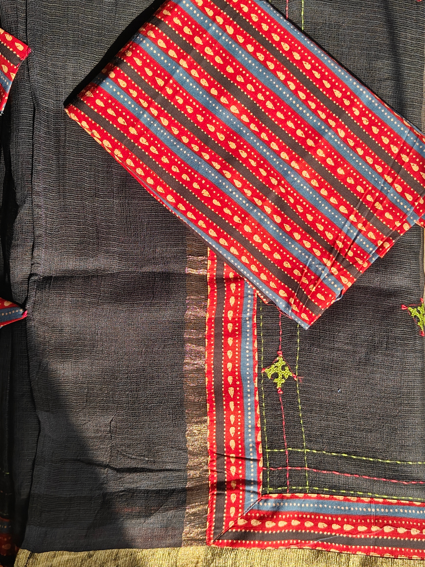 Black Kota Patchwork Hand Embroidered Saree