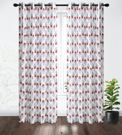 Red and Skyblue Booti Cotton Handblock Curtain (Pair of 2 Curtains)