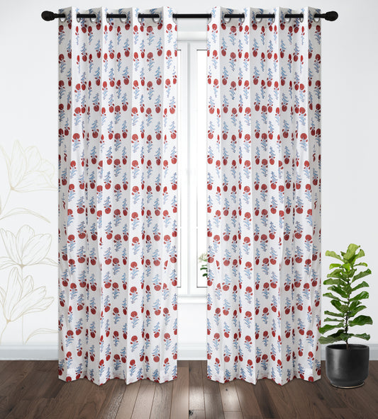 Red and Skyblue Booti Cotton Handblock Curtain (Pair of 2 Curtains)