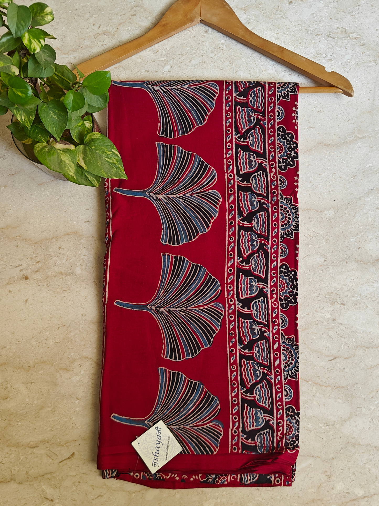 Red Ajrakh Handblock Printed Mull Cotton Saree