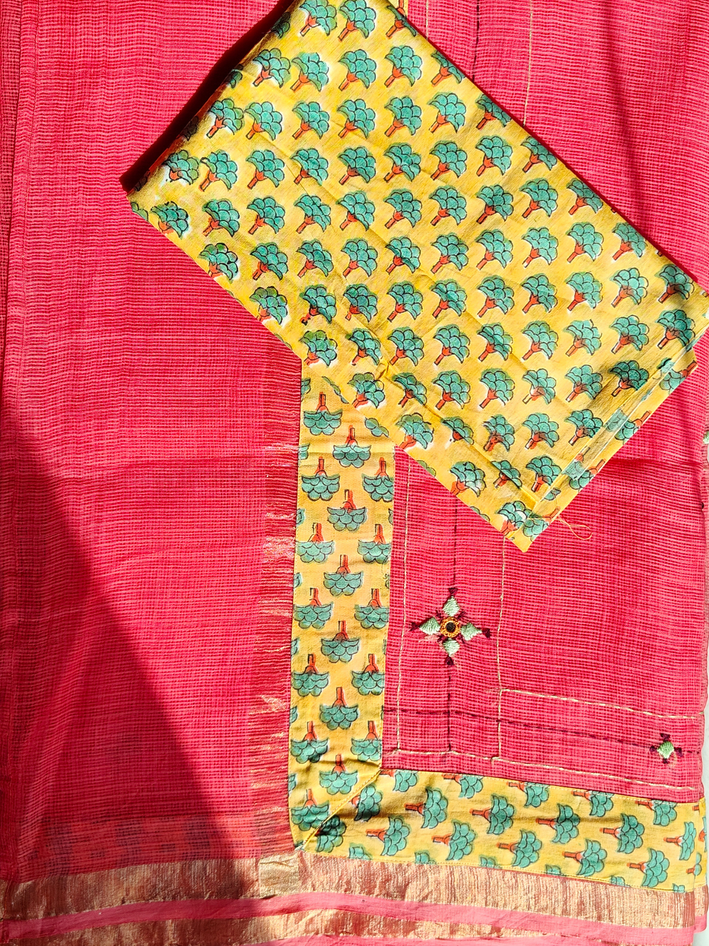 Peach Kota Patchwork Hand Embroidered Saree