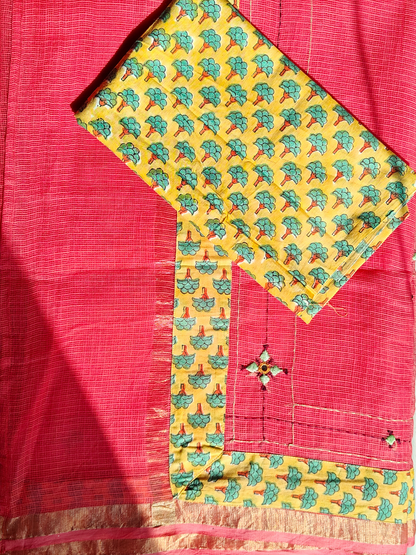 Peach Kota Patchwork Hand Embroidered Saree