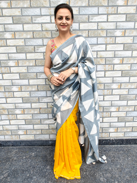 Yellow-Grey Shibori Clamp Dyed Handcrafted Saree