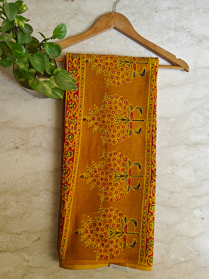 Mustard Ajrakh Handblock Printed Mull Cotton Saree