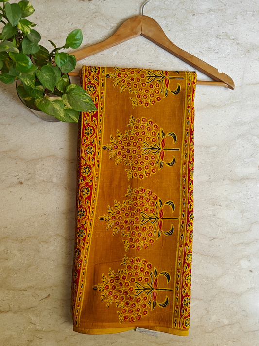 Mustard Ajrakh Handblock Printed Mull Cotton Saree