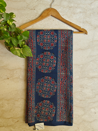 Indigo Ajrakh Handblock Printed Mull Cotton Saree