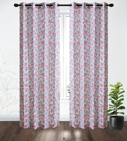 Pink Skyblue Jaal Cotton Handblock Curtain (Pair of 2 Curtains)