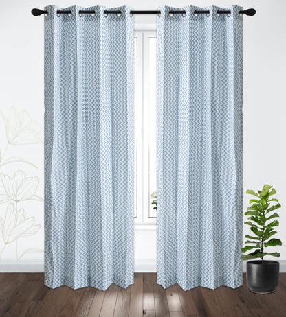 Sky Blue Zigzag Cotton Handblock Curtain (Pair of 2 Curtains)