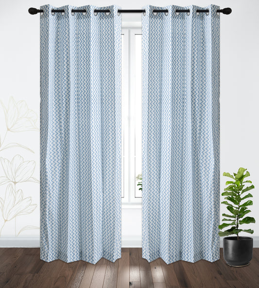 Sky Blue Zigzag Cotton Handblock Curtain (Pair of 2 Curtains)