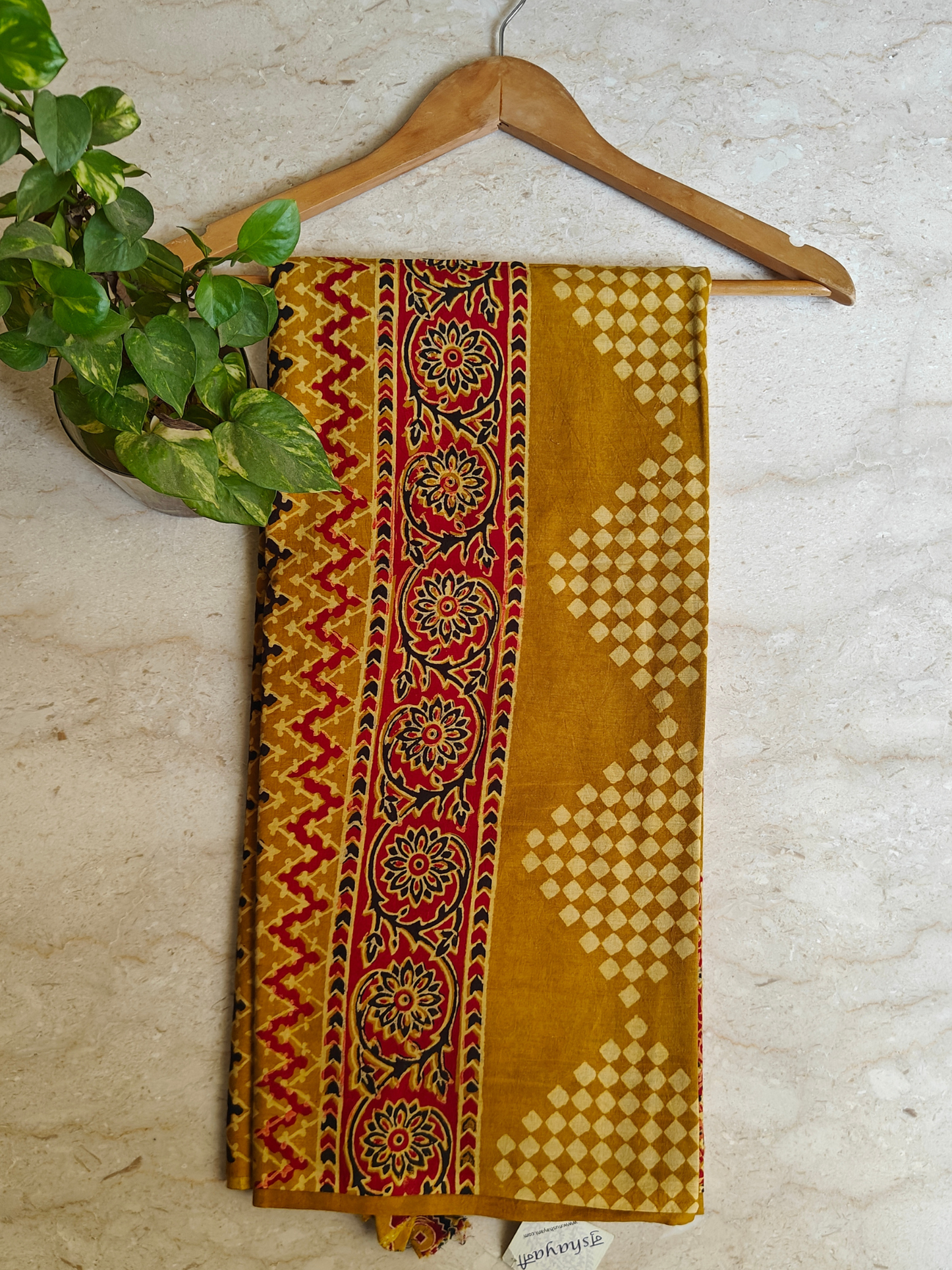 Yellow Ajrakh Handblock Printed Mull Cotton Saree
