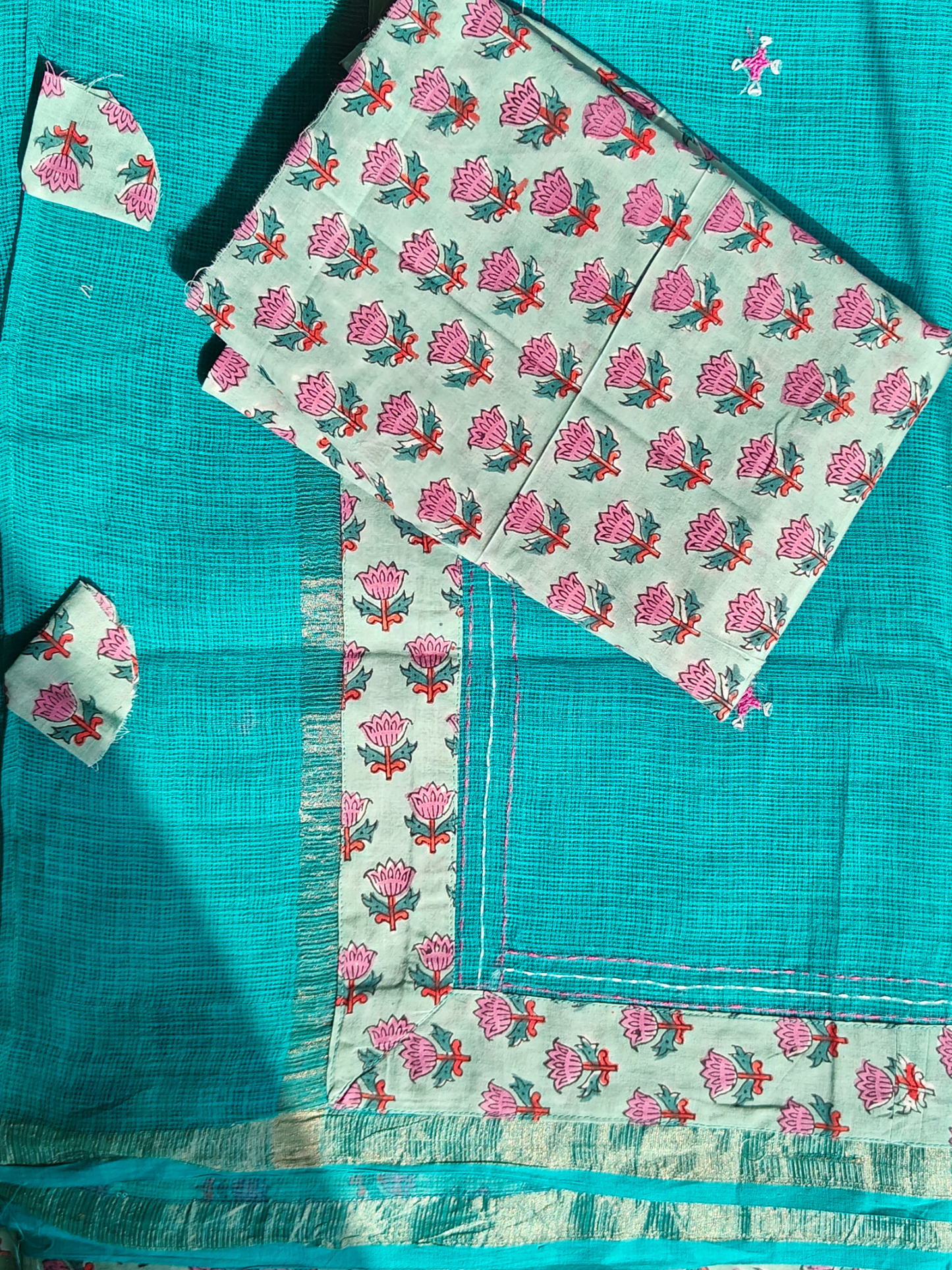 Blue Kota Patchwork Hand Embroidered Saree