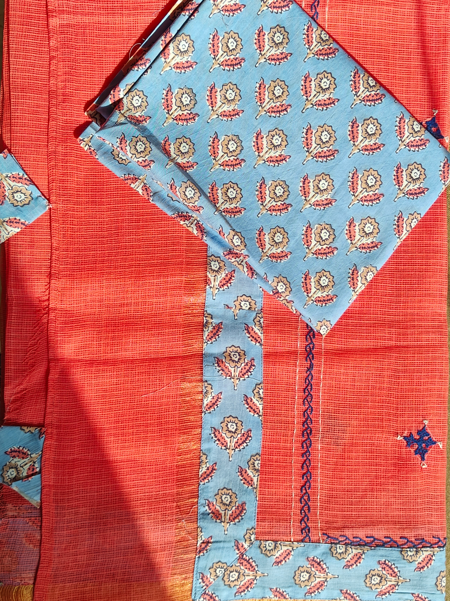 Peach Kota Patchwork hand Embroidered Saree