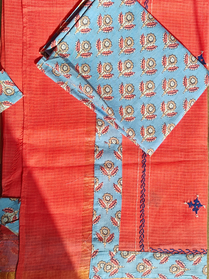Peach Kota Patchwork hand Embroidered Saree