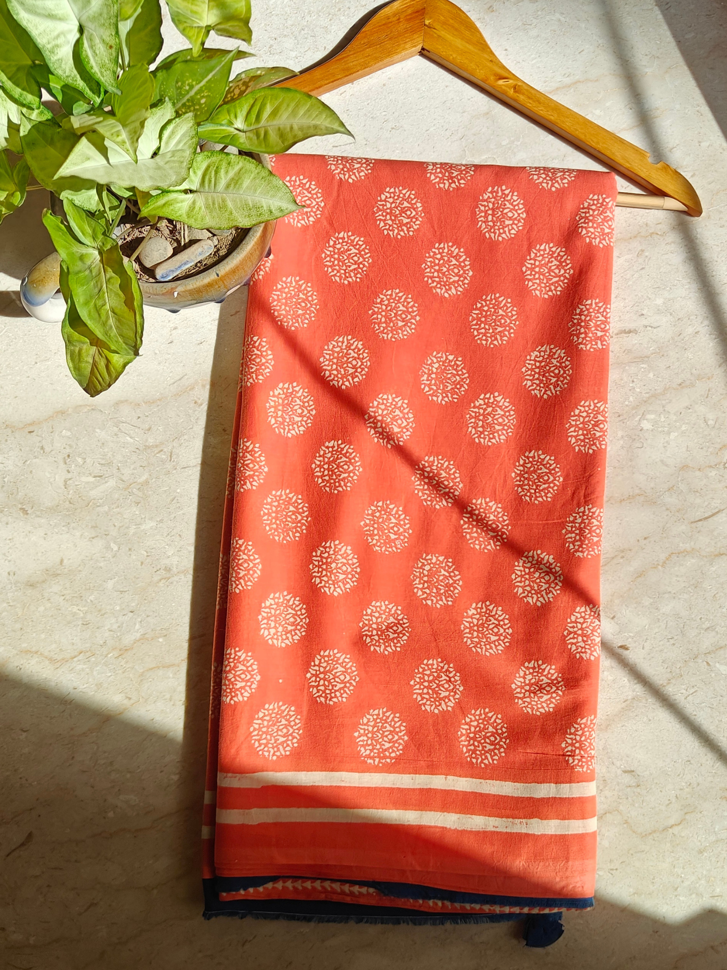 Peach Coral Handblock Printed Mull Cotton Saree