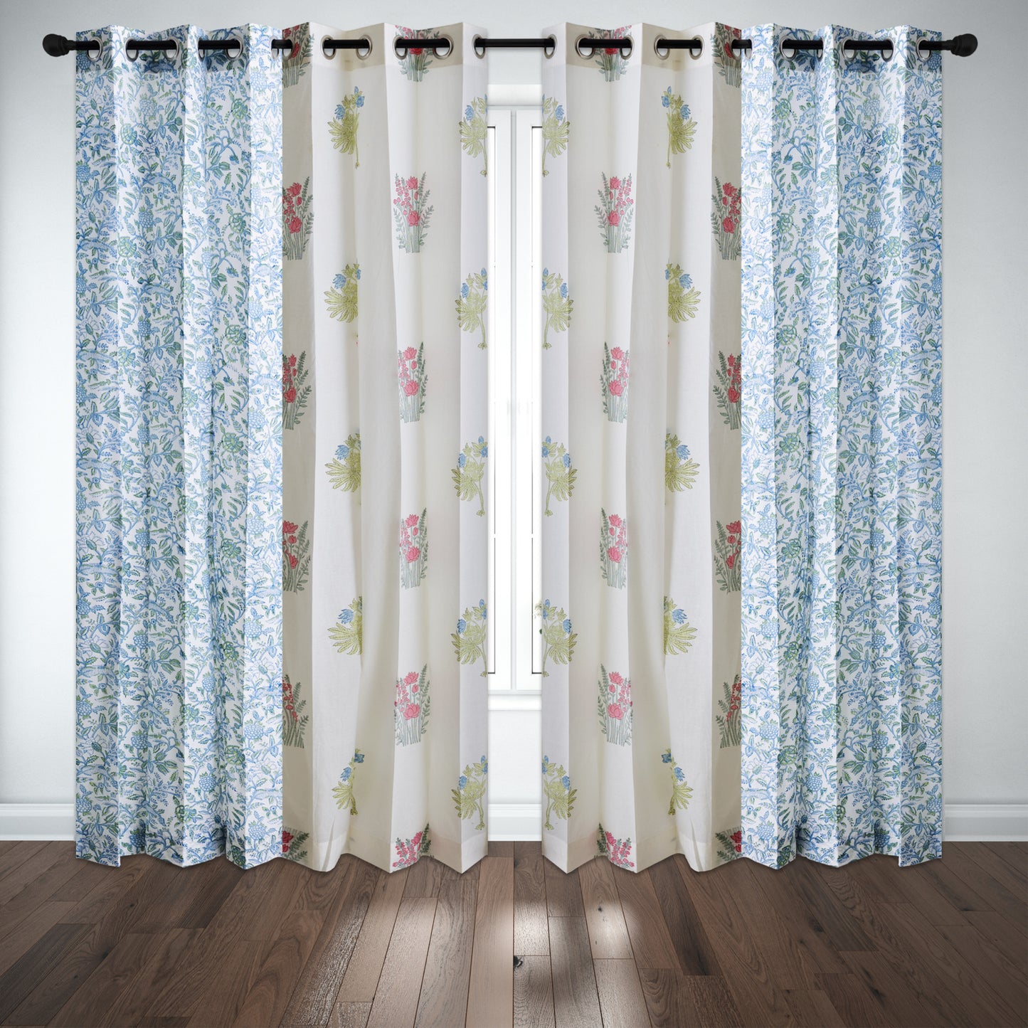 Skyblue and Seagreen Jaal with Morning Meadow Boota Cotton Handblock Combo (Set of 4 Curtains)
