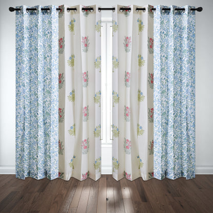 Skyblue and Seagreen Jaal with Morning Meadow Boota Cotton Handblock Combo (Set of 4 Curtains)